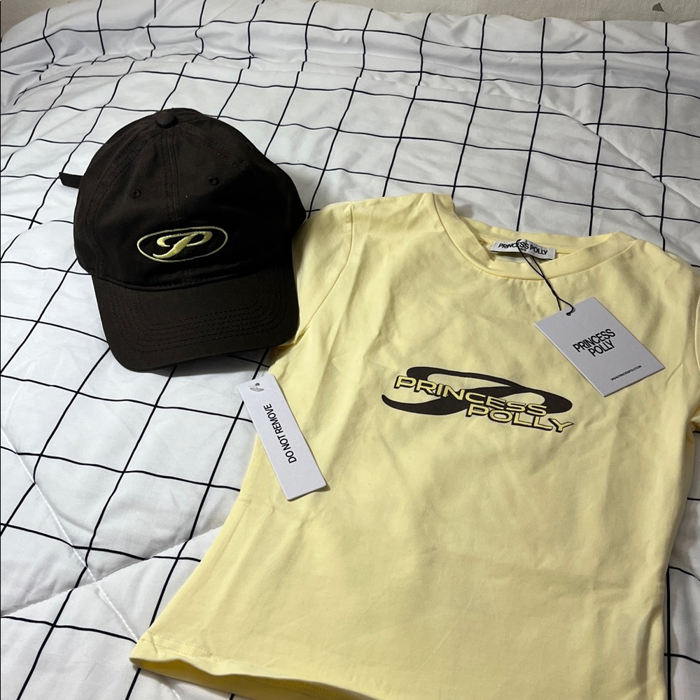 Princess Polly Light Yellow Logo Baby Tee & Brown Princess Polly Baseball hat